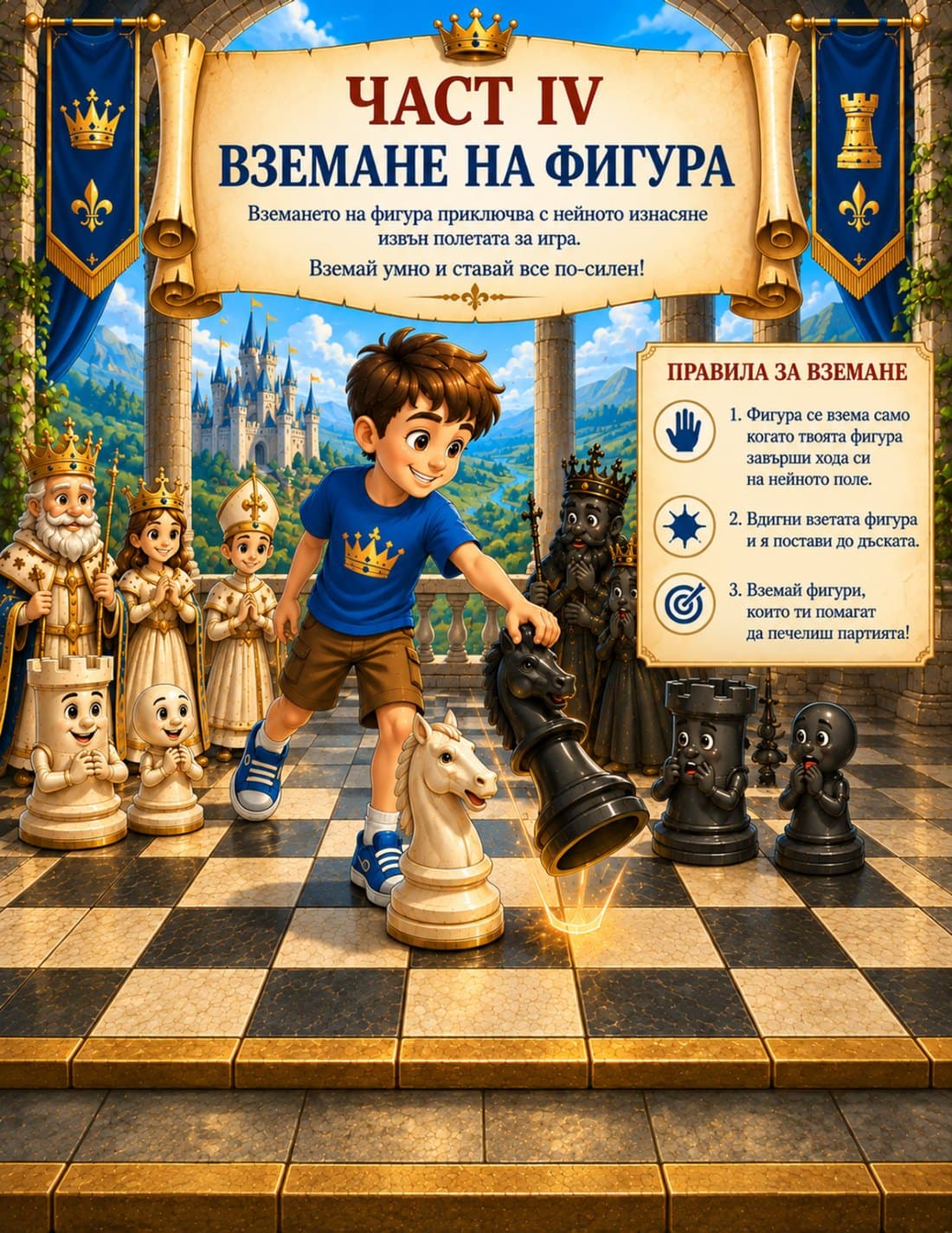Страница 38: началото на Част IV, Вземане на фигура, с рисунка на Шахматното кралство и правилата за вземане