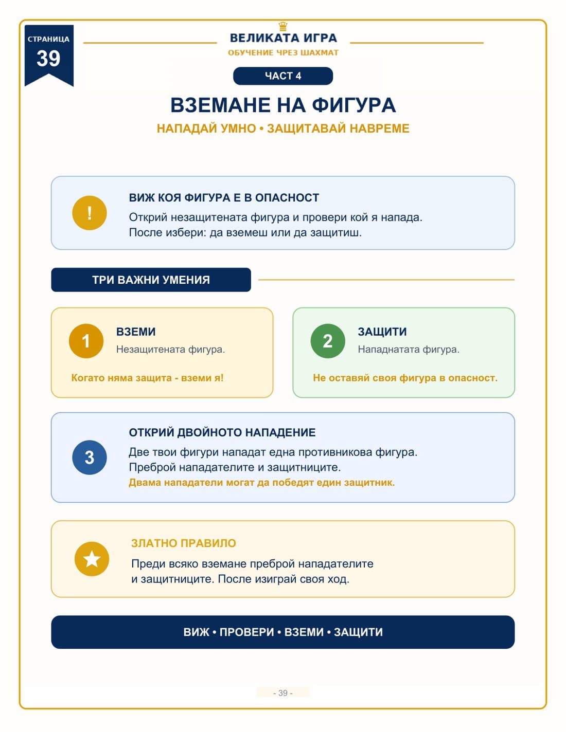 Страница 39: обзор на Част IV с трите важни умения и златното правило
